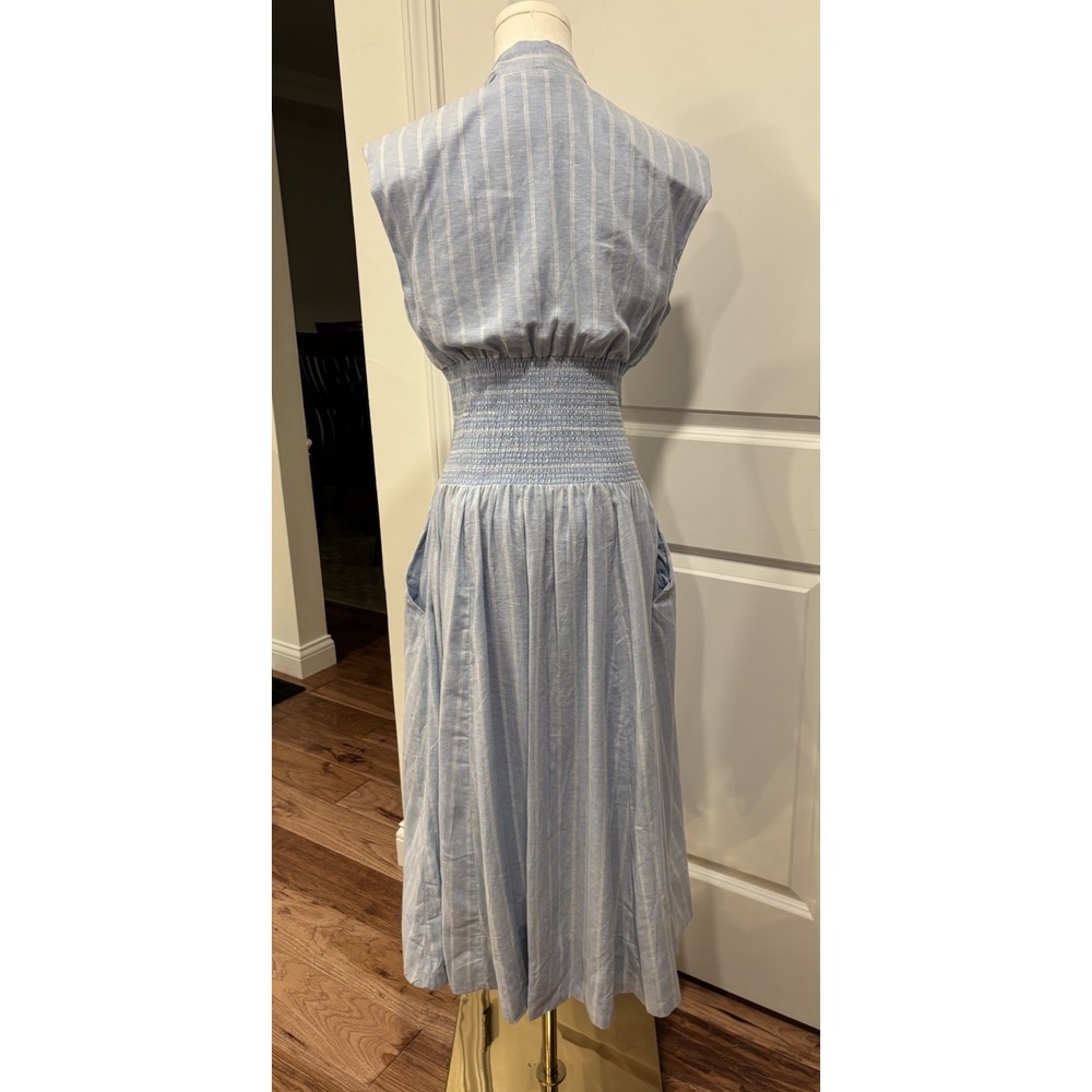 Anthropologie Tommie Cap Sleeve Smocked Front-Zip Shirt Dress Linen Blue White M - Picture 5 of 10